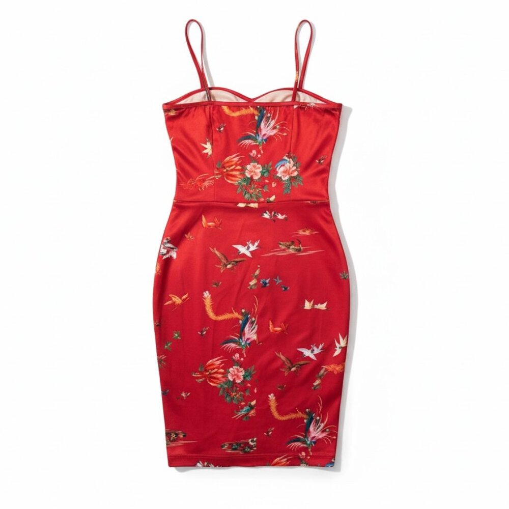Wheels & Dollbaby Red Satin Bird & Floral Print Bodycon Slip Dress AU 12 US 8 - Picture 6 of 13